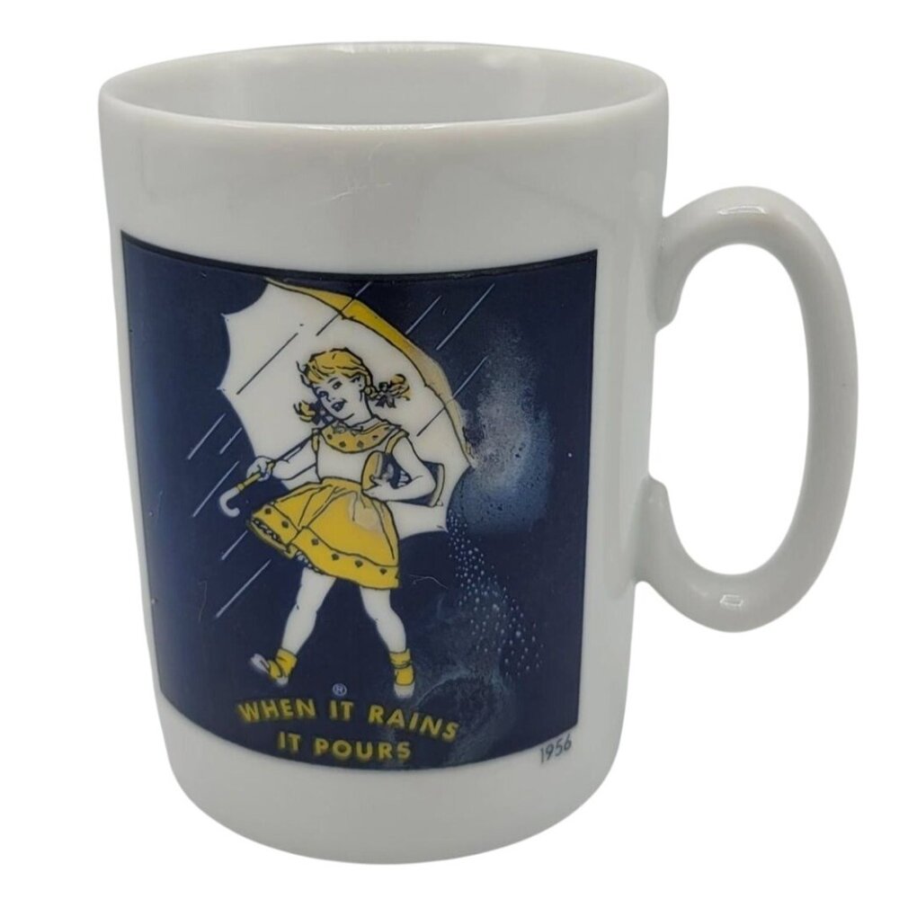 2/$15 Morton Salt Mug White 1956 Logo Advert When it Rains it Pours Japan VTG
